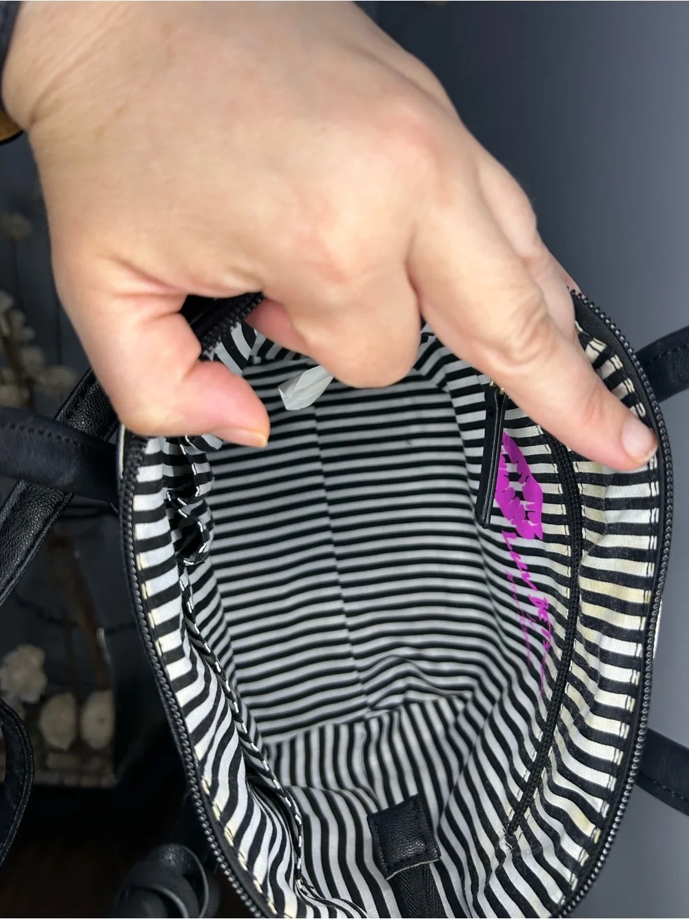 Luv Betsey Johnson Striped Black Pink Satchel Tote Panda Pom Charm